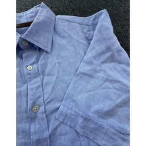 Perry Ellis‎ Shirt Mens XLarge Blue Button Up Short Sleeve Linen Blend Pockets